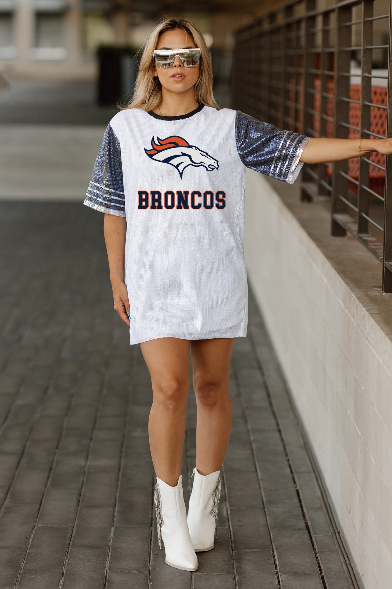 Women's Gameday Couture White/Navy Denver Broncos Bling It Full Sequin Jersey Dress Size: Medium Women's Gameday Couture White/Navy Denver Broncos Bling It Full Sequin Jersey Dress Size: Medium