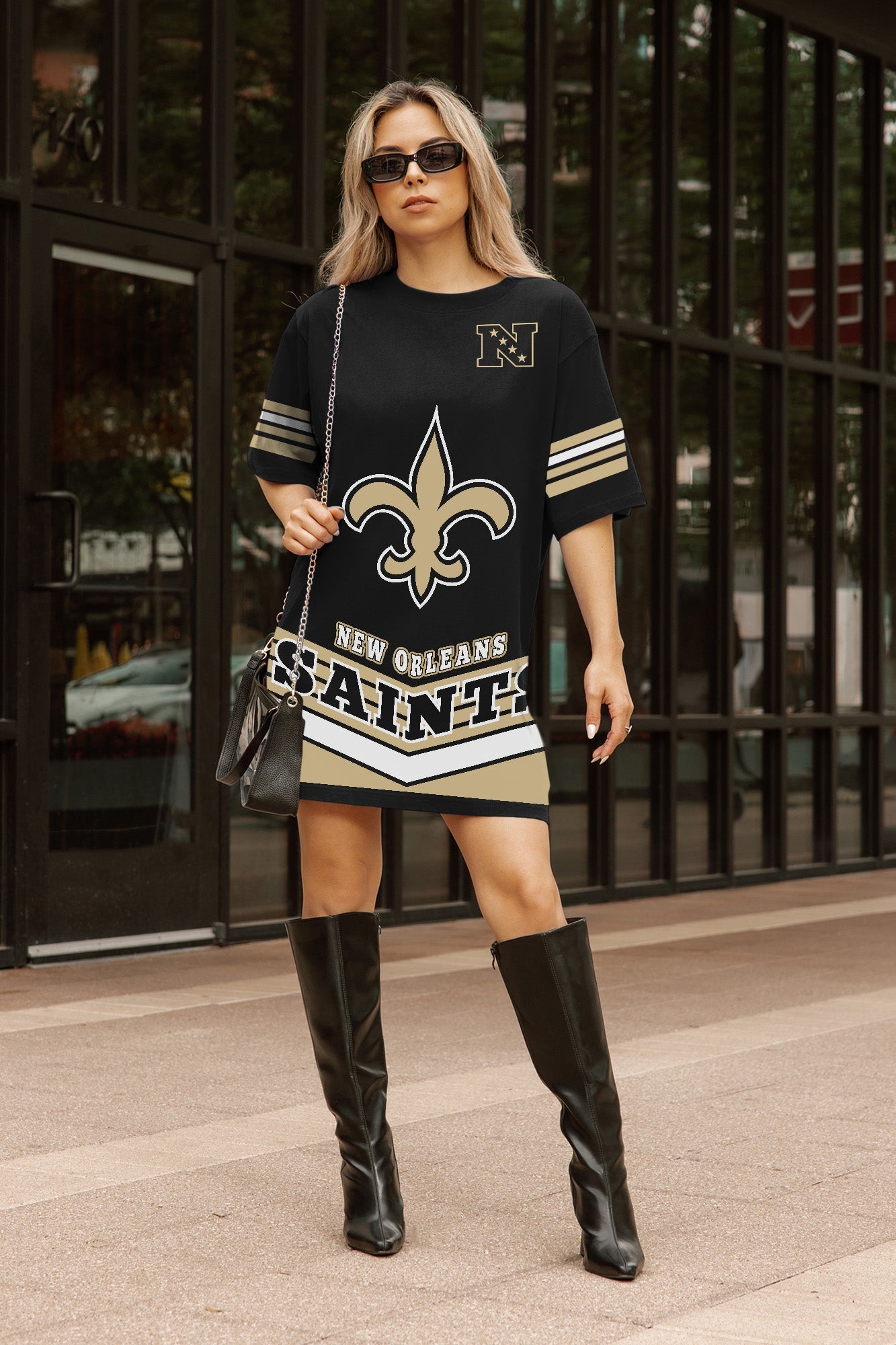 saints jersey dress New Orleans Saints Women's Black and Gold Sequin Jersey Party Dress