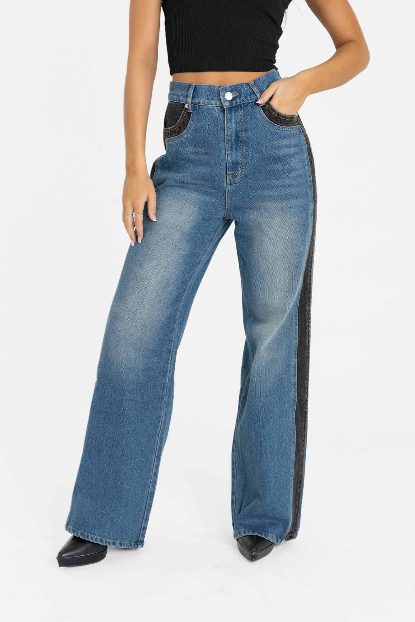 HARPER CONTRAST PANEL WIDE LEG JEANS