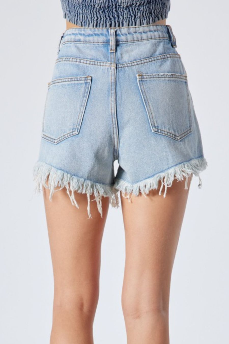 ESSENCE DISTRESSED DENIM SHORTS