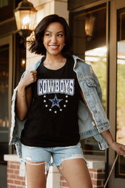 Black DALLAS COWBOYS BABY YOU'RE A STAR RACERBACK TANK TOP - Front View Styled Look | Gameday Couture - SOHO