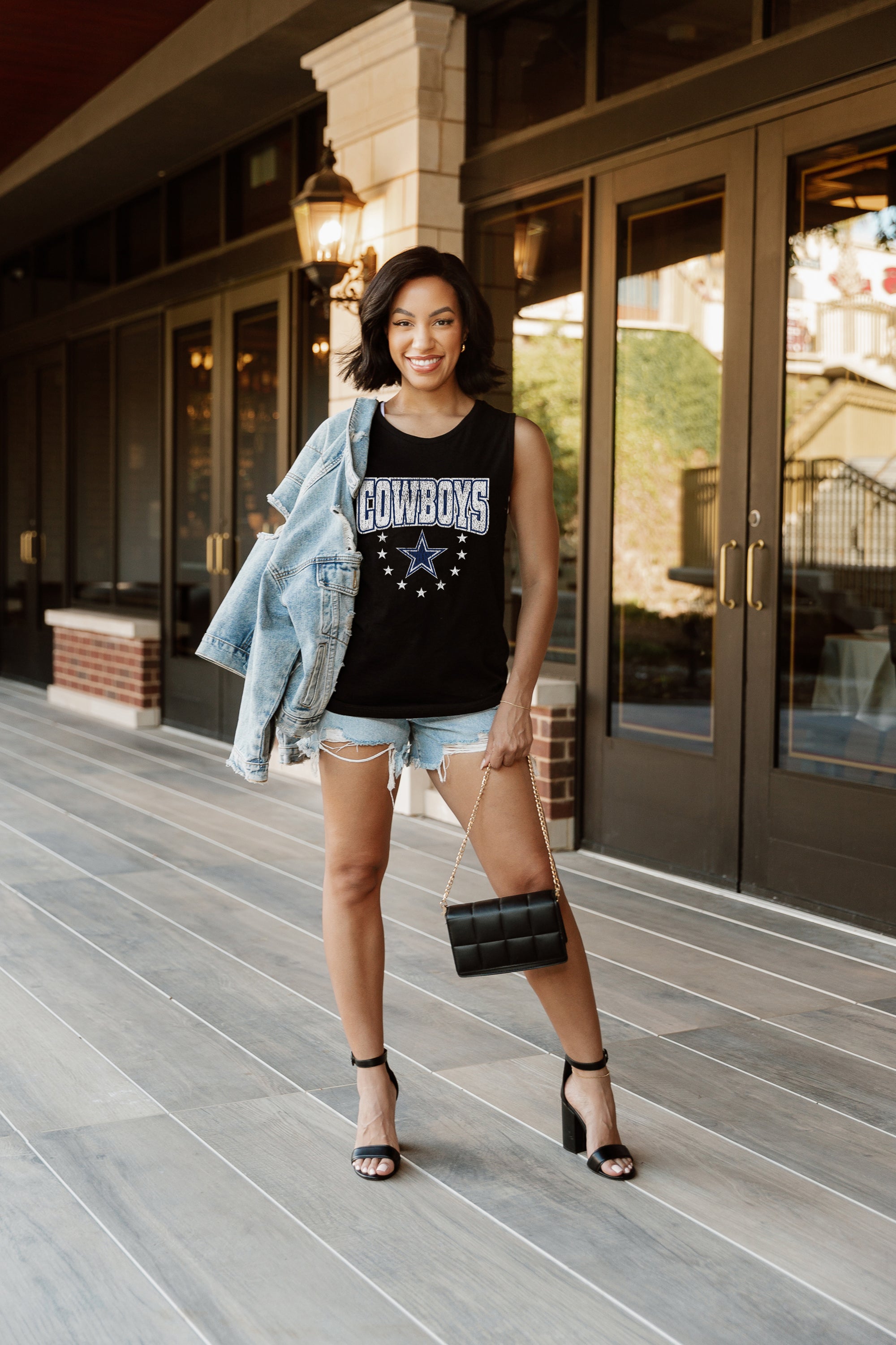 Black DALLAS COWBOYS BABY YOU'RE A STAR RACERBACK TANK TOP - Full Body Styled Look | Gameday Couture - SOHO