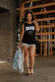 Black DALLAS COWBOYS BABY YOU'RE A STAR RACERBACK TANK TOP - On Model Pose | Gameday Couture - SOHO