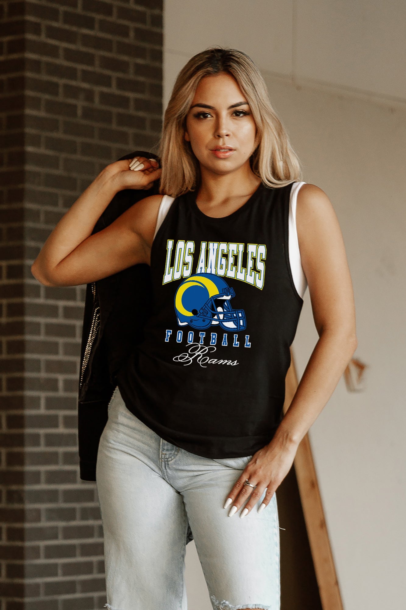 Black LA Rams Preseason Opener Racerback Tank - Front On Model, Styled with Jeans | Gameday Couture - SOHO
