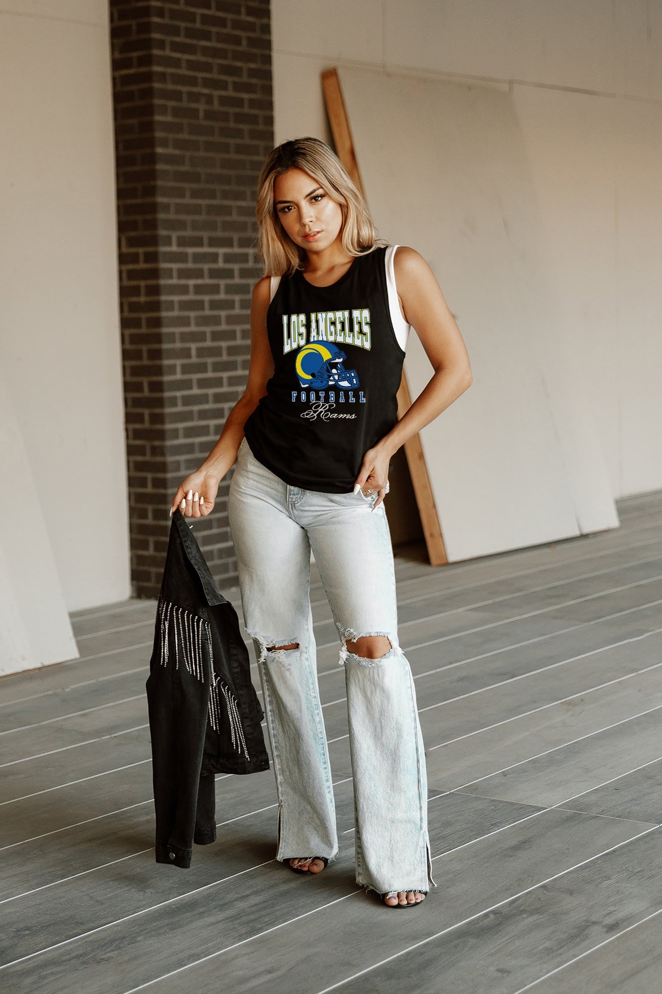 Black LA Rams Preseason Opener Racerback Tank - Full Length On Model with Wide-Leg Jeans | Gameday Couture - SOHO