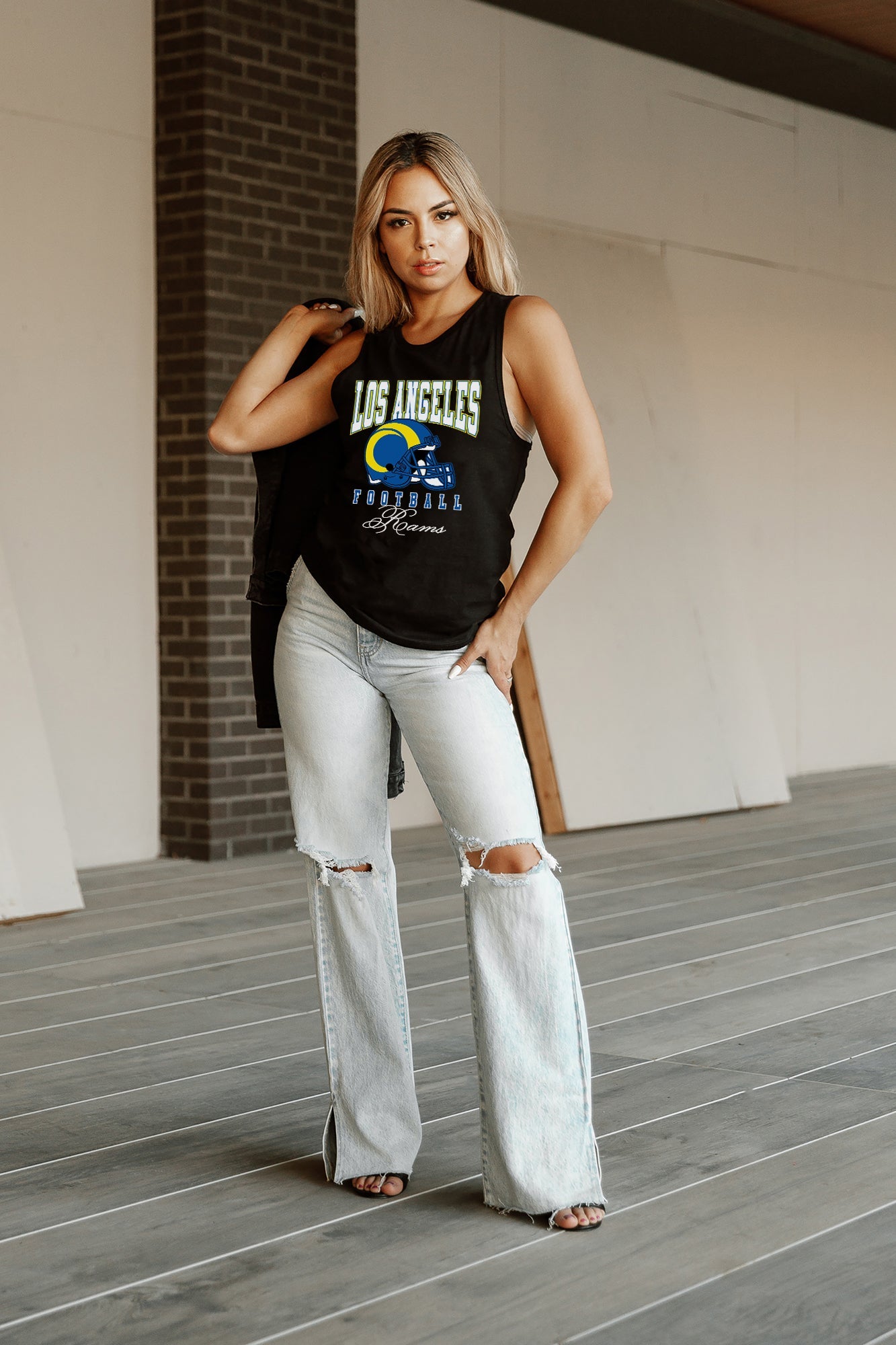 Black LA Rams Preseason Opener Racerback Tank - Front View On Model, Racerback Detail Visible | Gameday Couture - SOHO