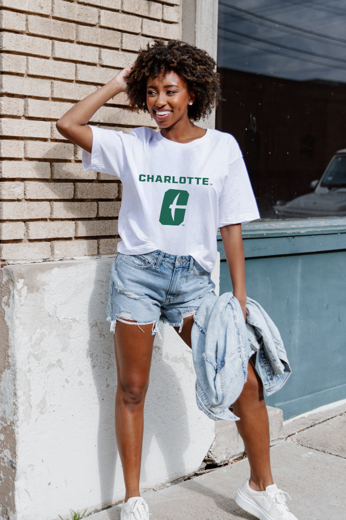 White CHARLOTTE 49ERS Around We Go Flowy Tee - On Model Front View | Gameday Couture - SOHO