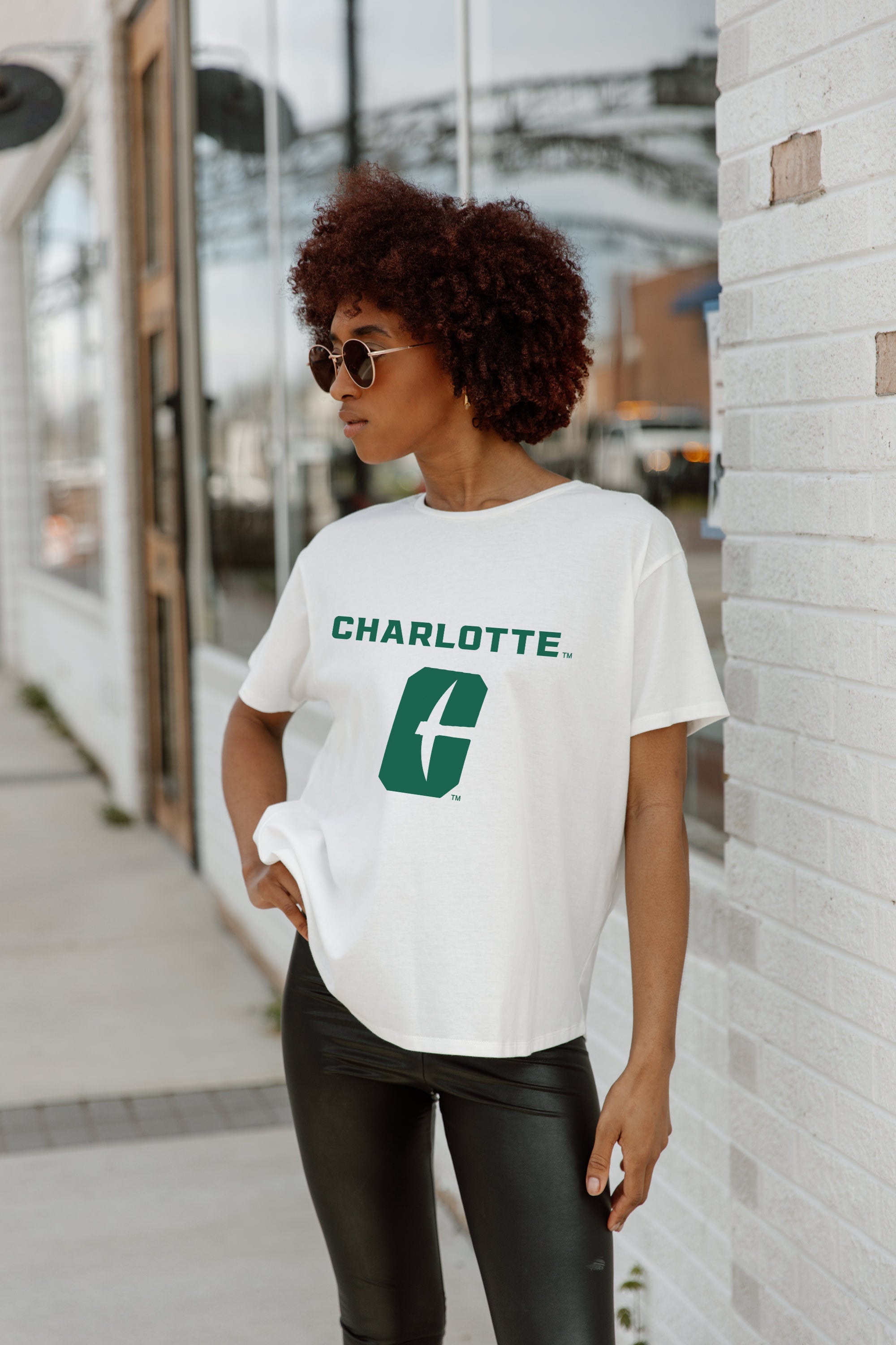 White CHARLOTTE 49ERS Around We Go Flowy Tee - On Model Side Profile | Gameday Couture - SOHO