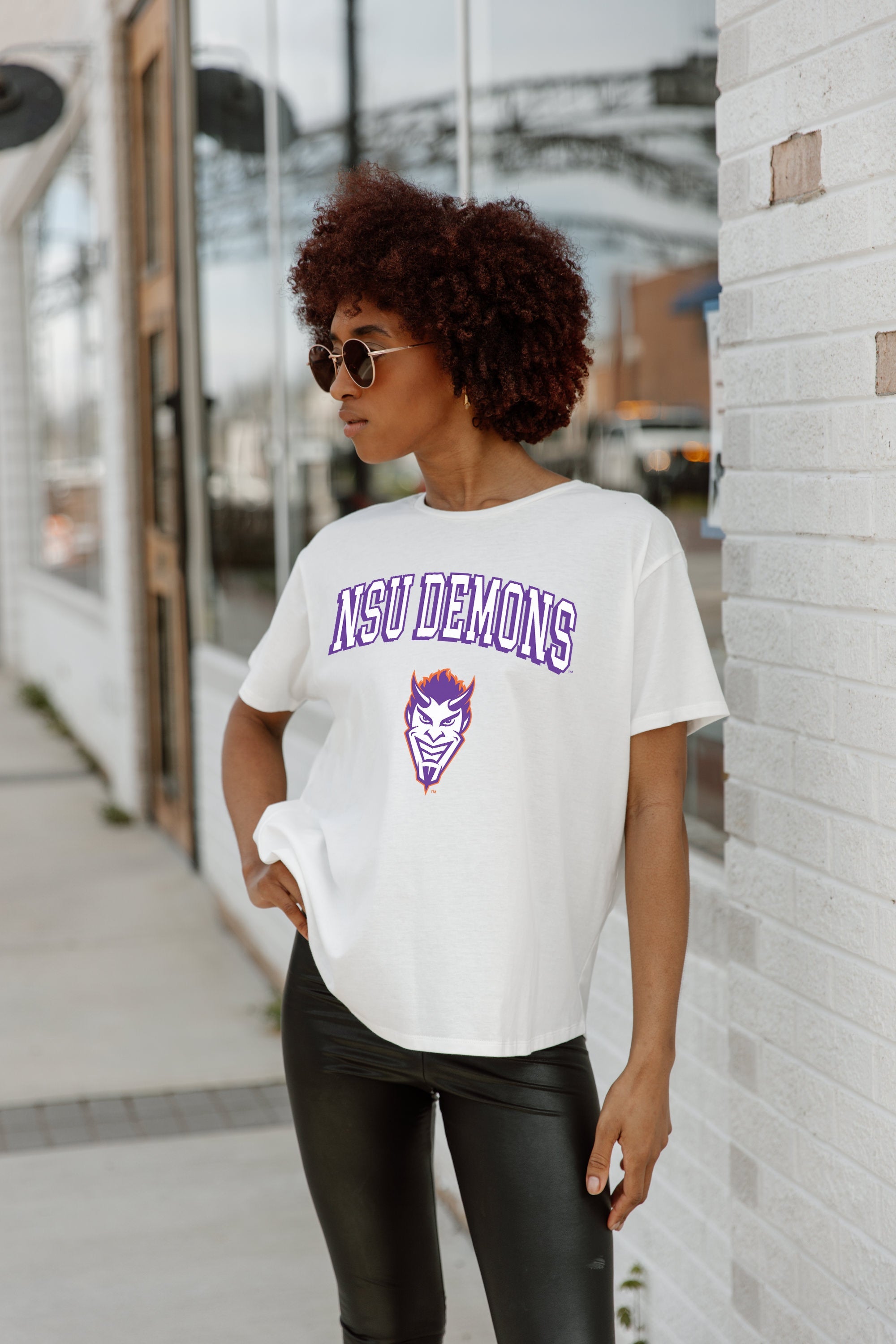 White NORTHWESTERN STATE DEMONS Around We Go Flowy Tee - Side Profile | Gameday Couture - SOHO