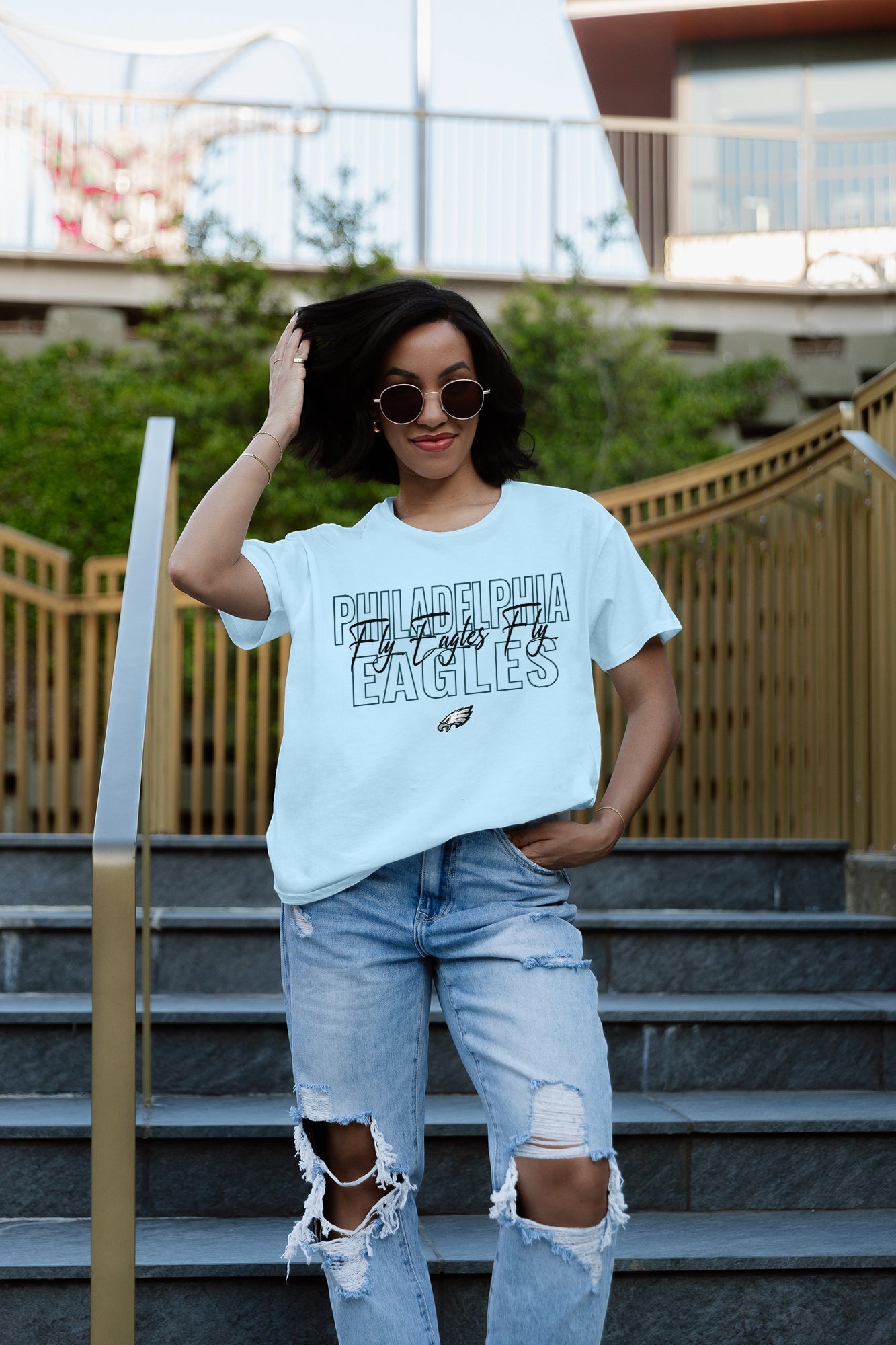 White PHILADELPHIA EAGLES No Limits Flowy Tee - Front View Close Up | Gameday Couture - SOHO