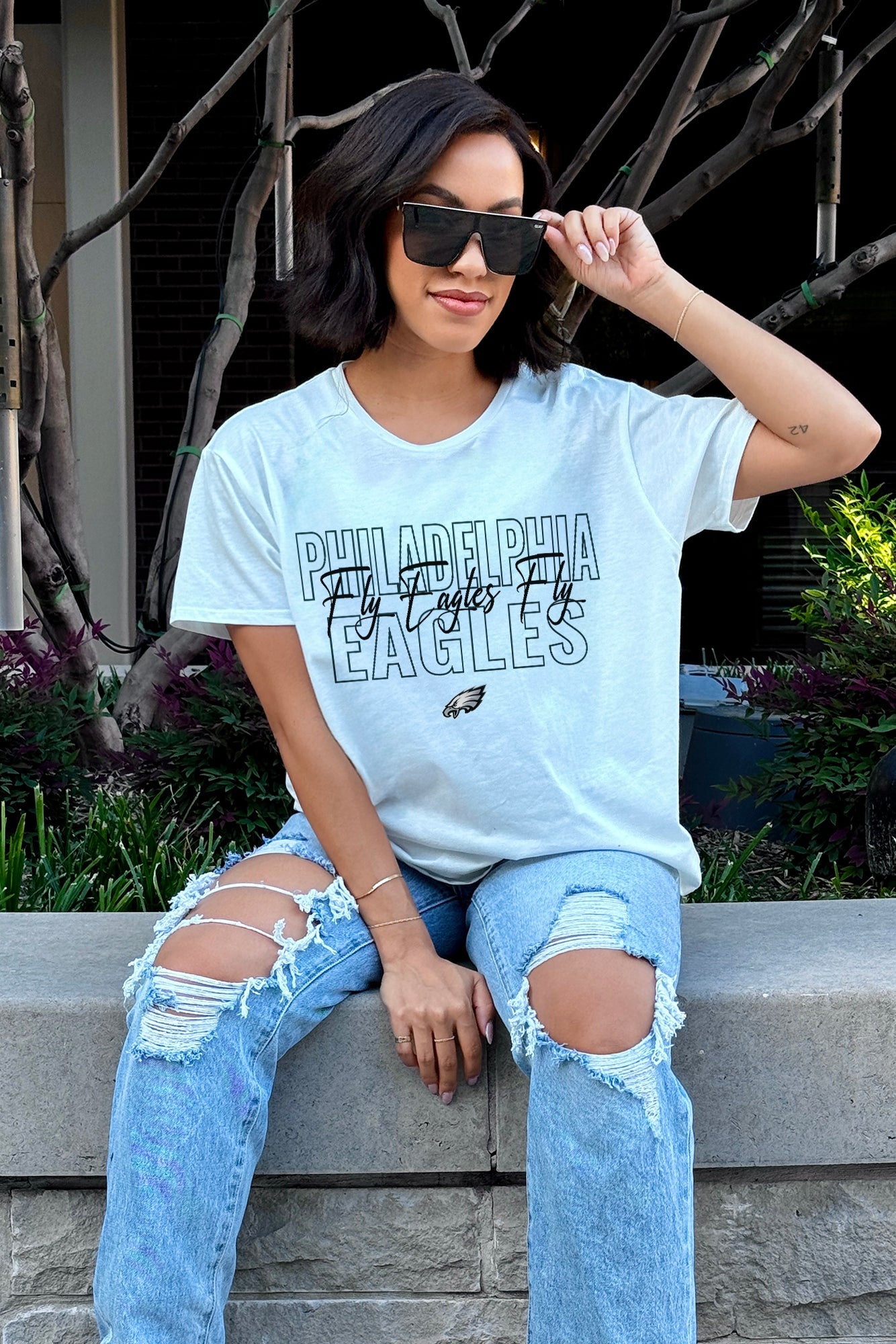 Light Blue PHILADELPHIA EAGLES No Limits Flowy Tee - Casual Sitting Pose | Gameday Couture - SOHO