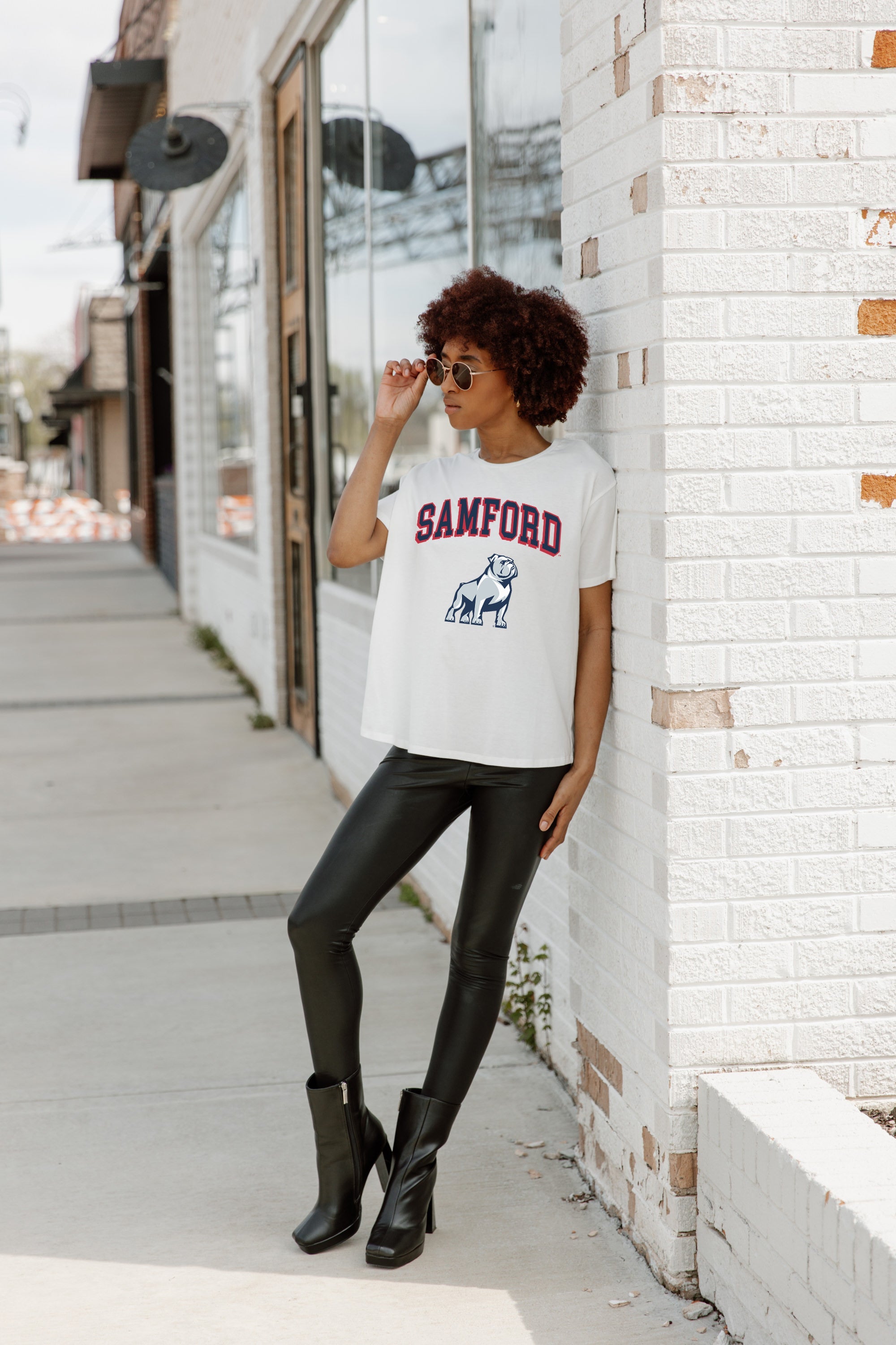 White Samford Bulldogs Around We Go Flowy Tee - On Model Front | Gameday Couture - SOHO