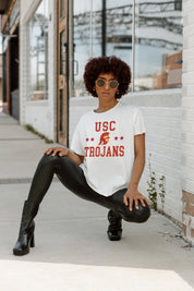 White USC Trojans To The Point Flowy Tee - On Model Crouching Pose Street Style | Gameday Couture - SOHO