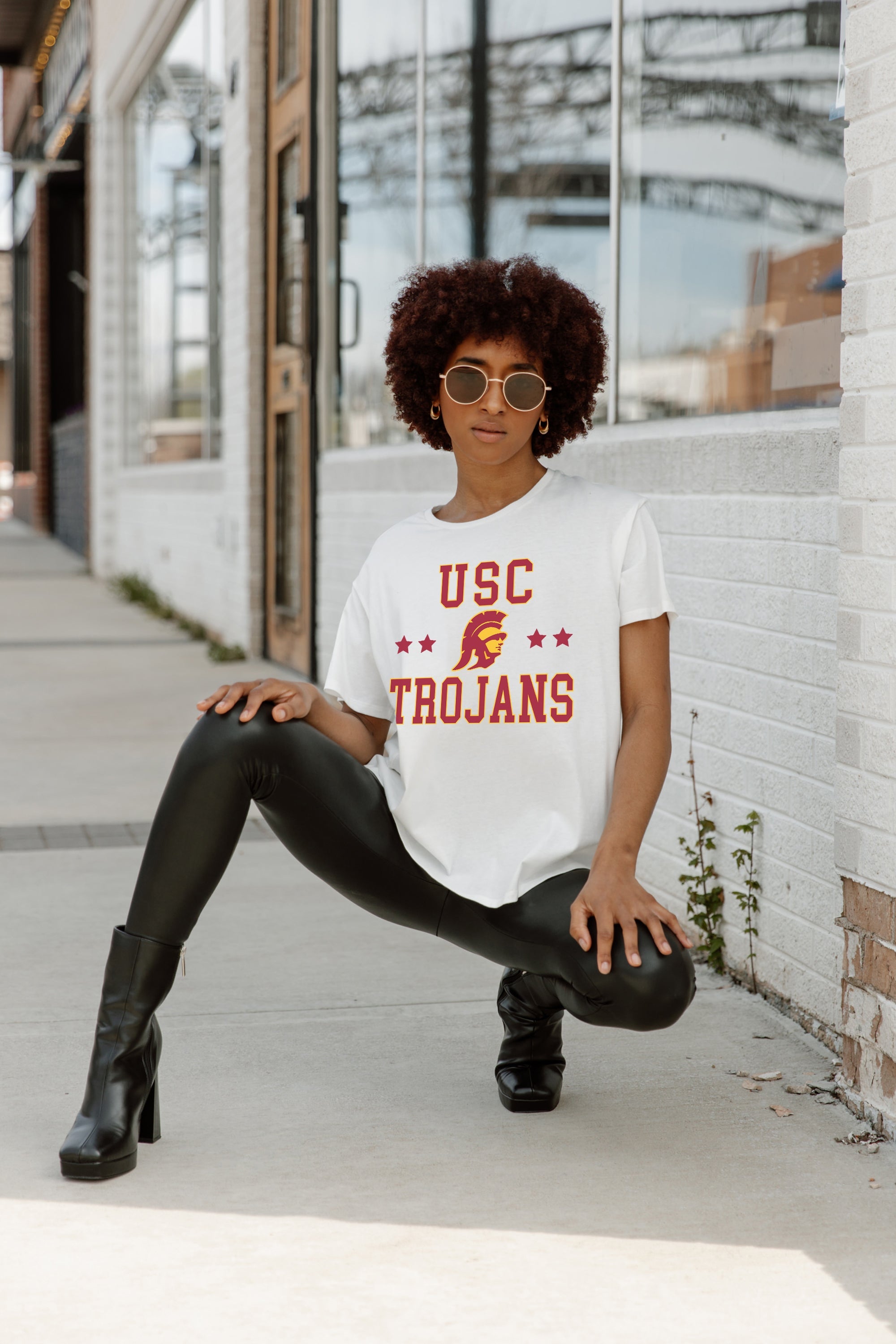 White USC Trojans To The Point Flowy Tee - On Model Crouching Pose Street Style | Gameday Couture - SOHO