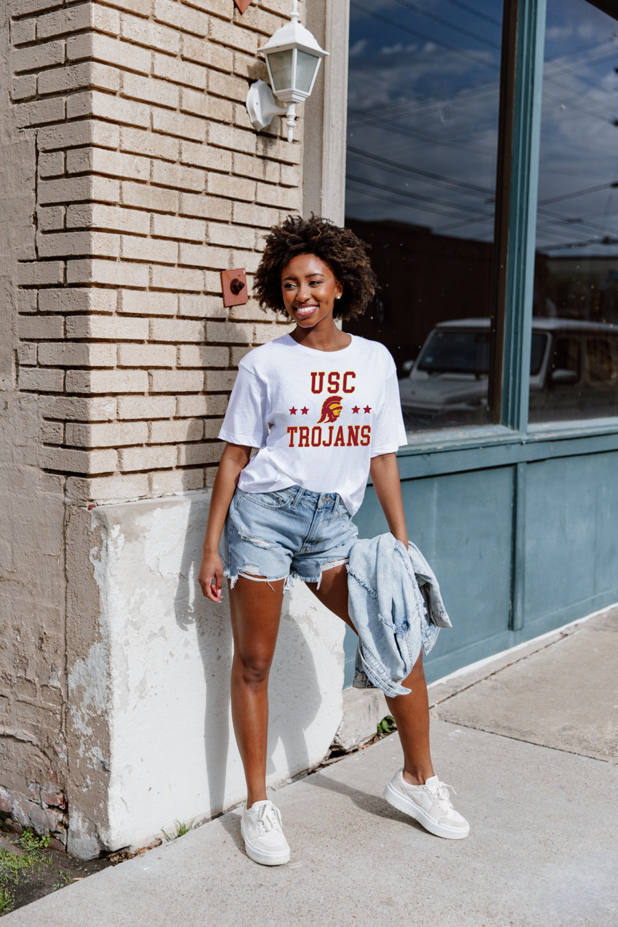 White USC Trojans To The Point Flowy Tee - Curved Hem Detail Full Length On Model | Gameday Couture - SOHO