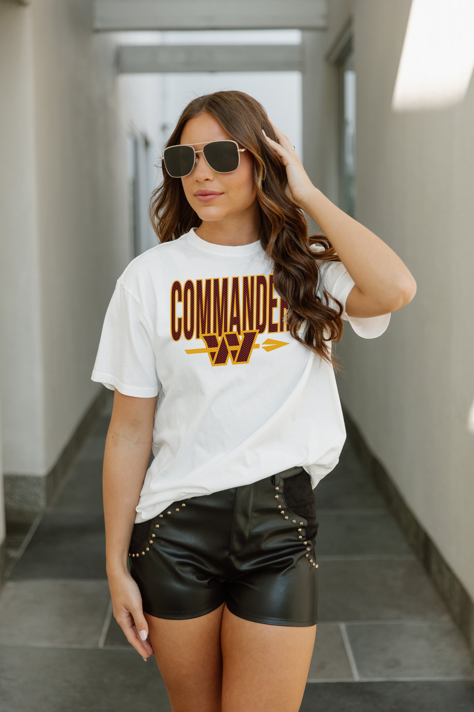 White Washington Commanders Graphic Tee - Close-Up Front Logo Detail On Model | Gameday Couture - SOHO