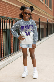 WASHINGTON HUSKIES CASUAL FAN KIDS FADED WASH CREWNECK PULLOVER