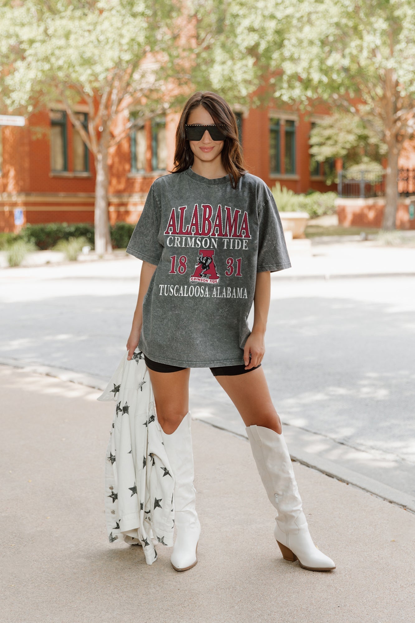 Grey Alabama Crimson Tide Throwback Oversized Crewneck Tee - On Model Lifestyle | Gameday Couture - SOHO