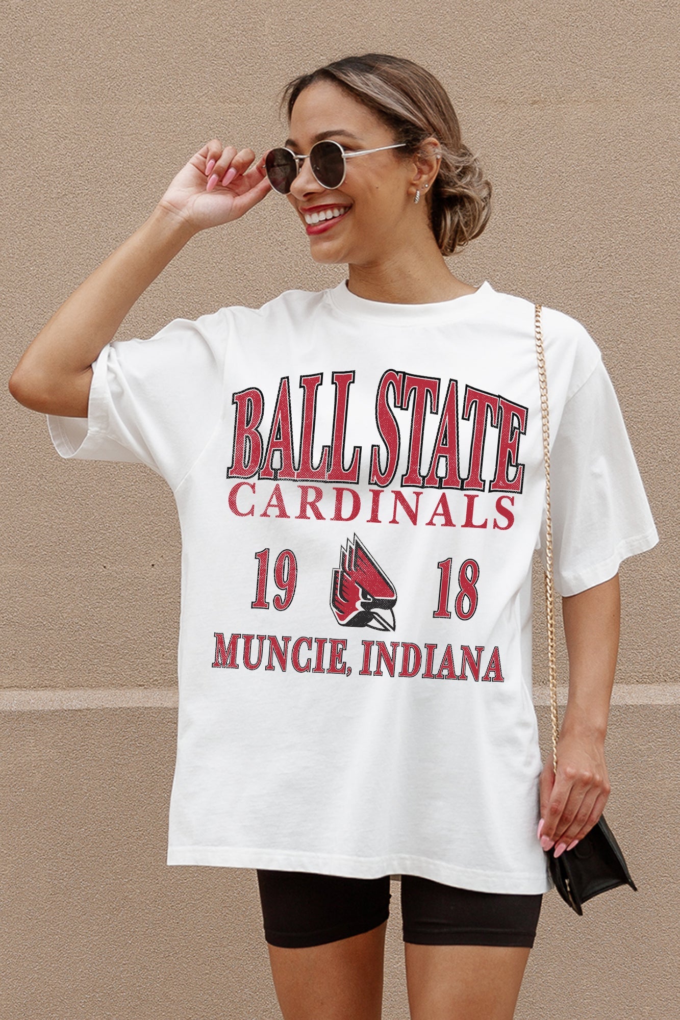 Ivory Ball State Cardinals Unity Oversized Tee - Graphic Detail Close-Up On Model | Gameday Couture - SOHO