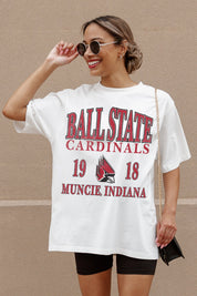 Ivory Ball State Cardinals Unity Oversized Tee - Graphic Detail Close-Up On Model | Gameday Couture - SOHO