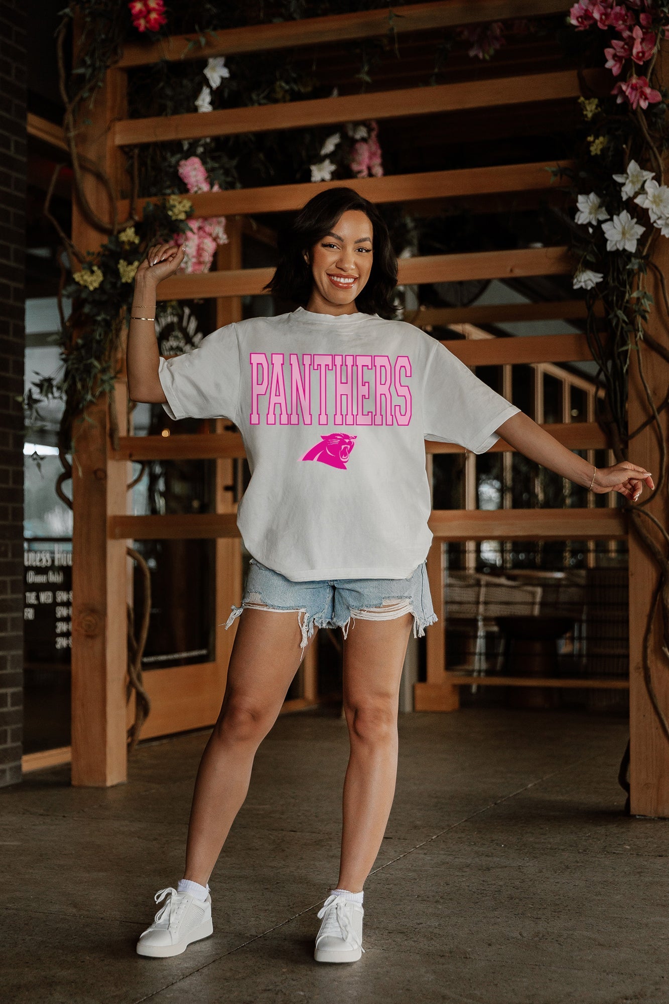 Ivory CAROLINA PANTHERS GAMEDAY ERA OVERSIZED CREWNECK TEE - Model Pose Front | Gameday Couture - SOHO