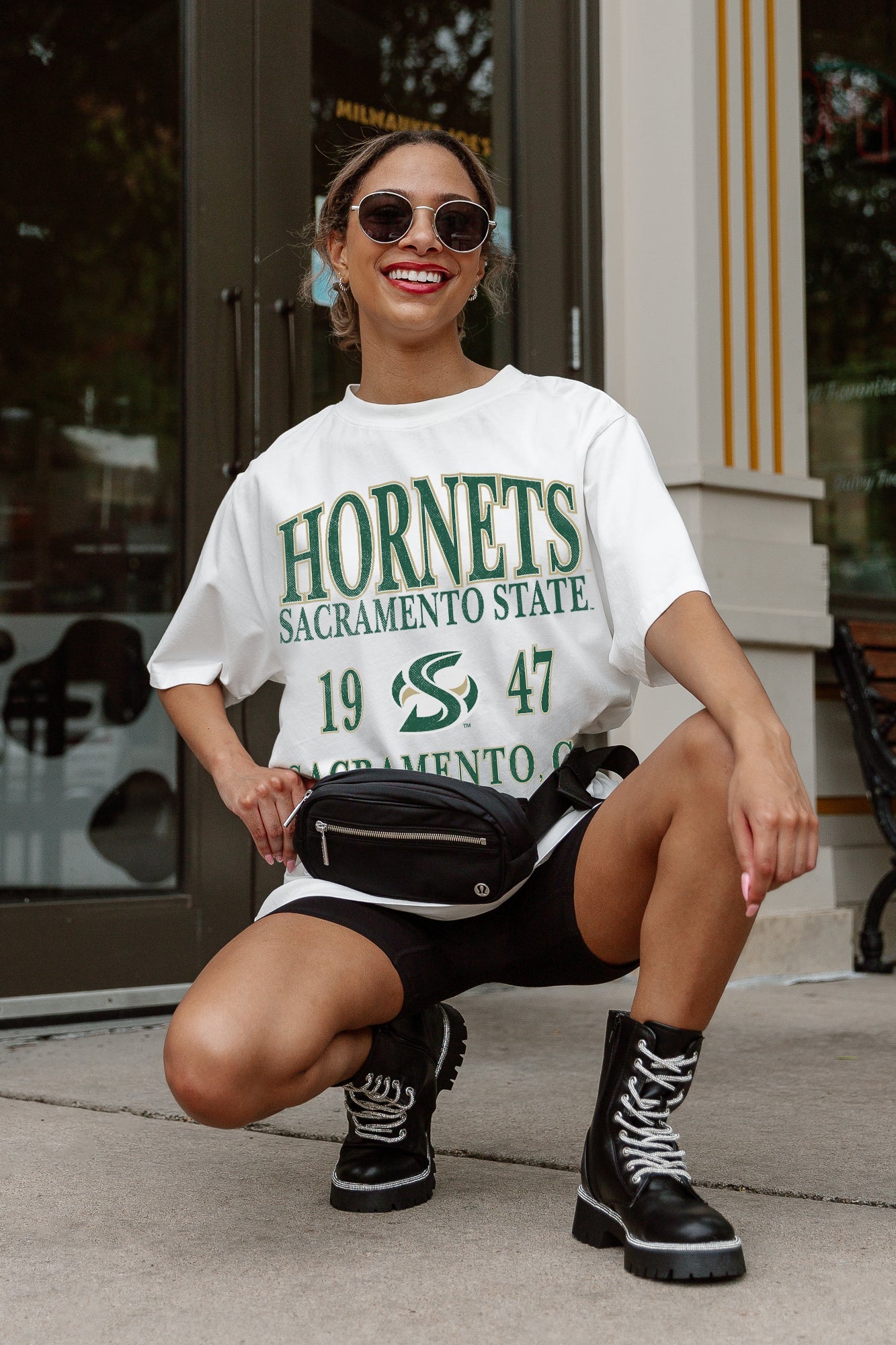 Sacramento State Hornets Unity Oversized Tee - Crouching Pose Lifestyle Shot | Gameday Couture - SOHO