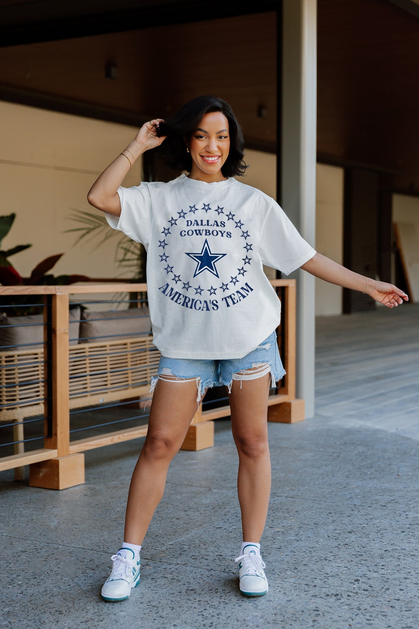 Ivory Dallas Cowboys ON POINT OVERSIZED CREWNECK TEE - On Model Front View, Styled with Denim Shorts | Gameday Couture - SOHO