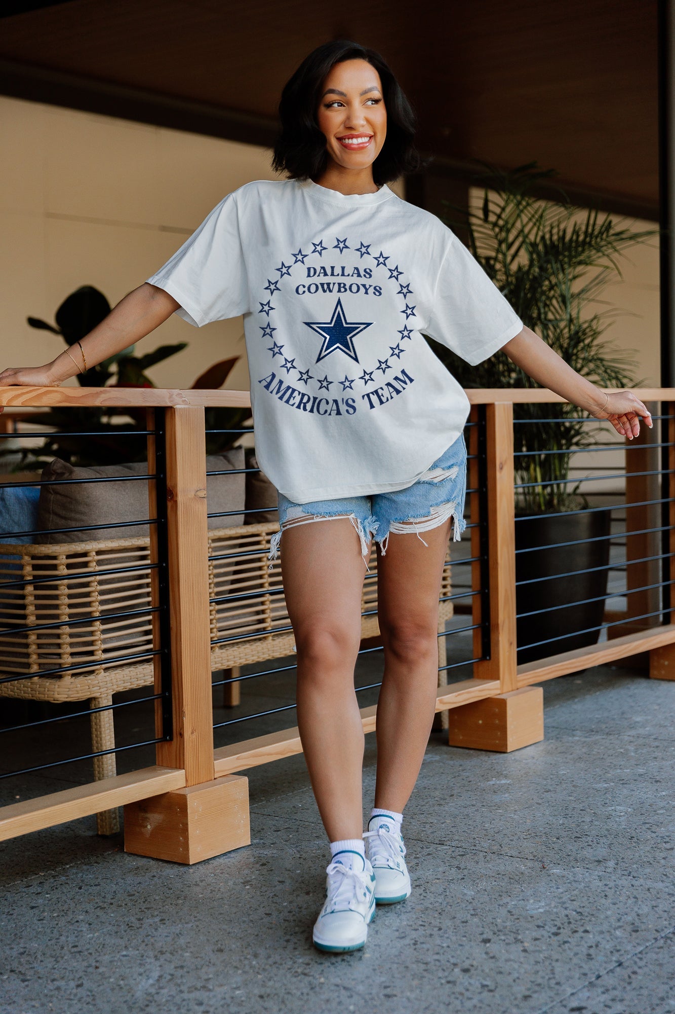 Ivory Dallas Cowboys ON POINT OVERSIZED CREWNECK TEE - On Model Leaning Pose, America's Team Graphic | Gameday Couture - SOHO