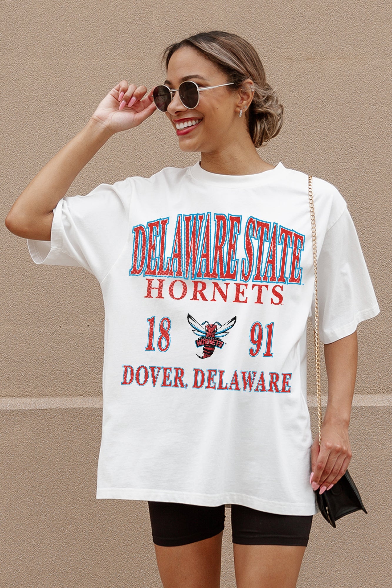 Ivory Delaware State Hornets Unity Oversized Tee - Graphic Detail Close-Up On Model | Gameday Couture - SOHO