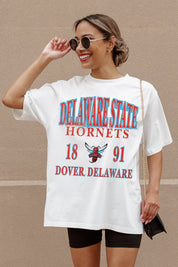 Ivory Delaware State Hornets Unity Oversized Tee - Graphic Detail Close-Up On Model | Gameday Couture - SOHO