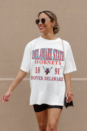 Ivory Delaware State Hornets Unity Oversized Tee - Walking Lifestyle Shot, Trendy Gameday Outfit | Gameday Couture - SOHO