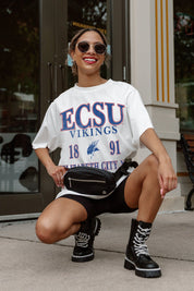 ELIZABETH CITY STATE UNIVERSITY VIKINGS UNITY OVERSIZED CREWNECK TEE - Casual Sitting Pose | Gameday Couture - SOHO