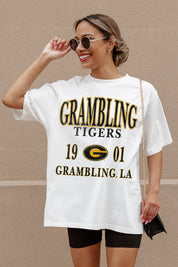 Ivory Grambling State Tigers Unity Oversized Tee - Close-Up Front Graphic Detail On Model | Gameday Couture - SOHO
