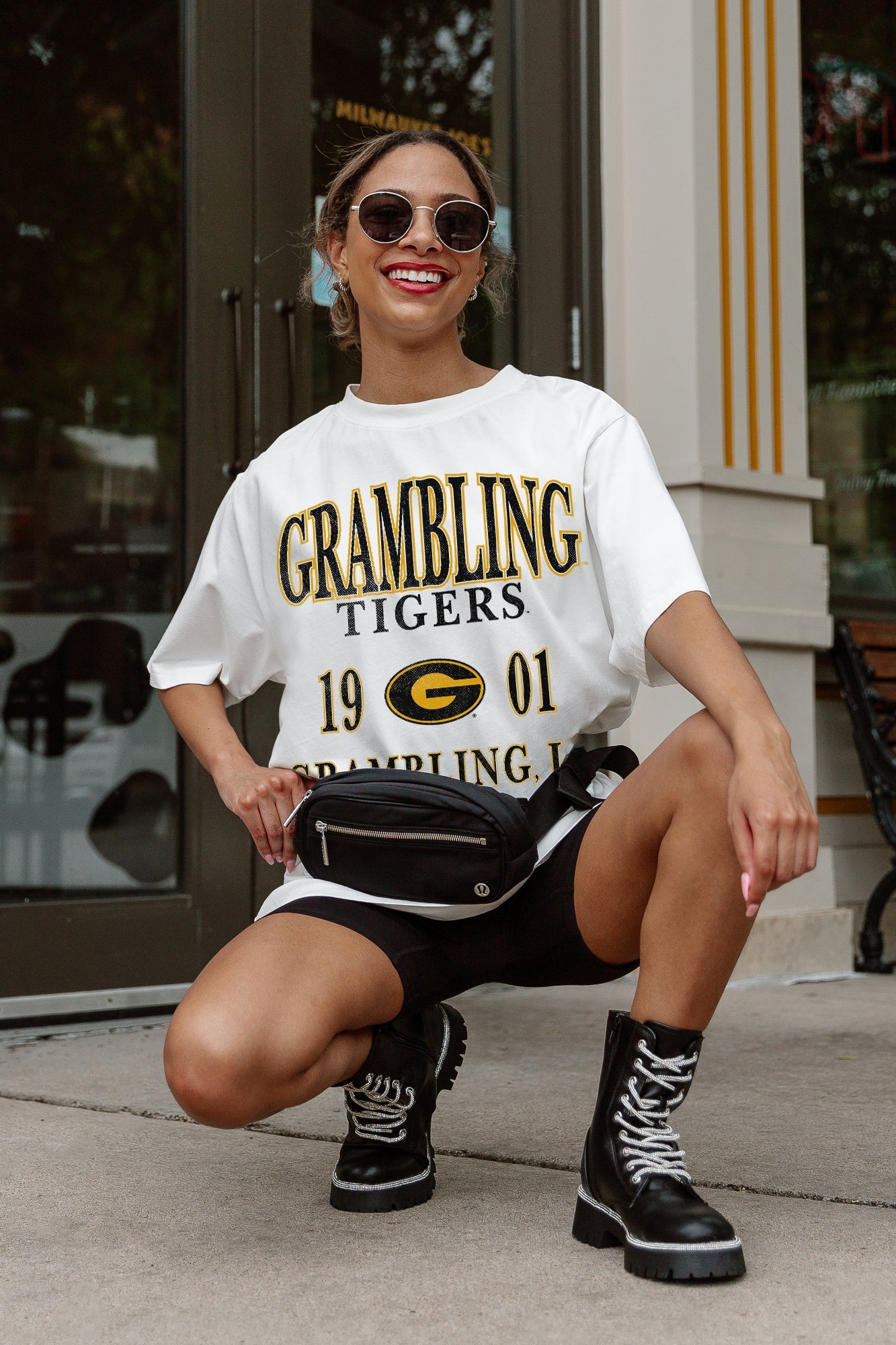 Ivory Grambling State Tigers Unity Oversized Tee - Crouching Pose Styled Look with Combat Boots | Gameday Couture - SOHO