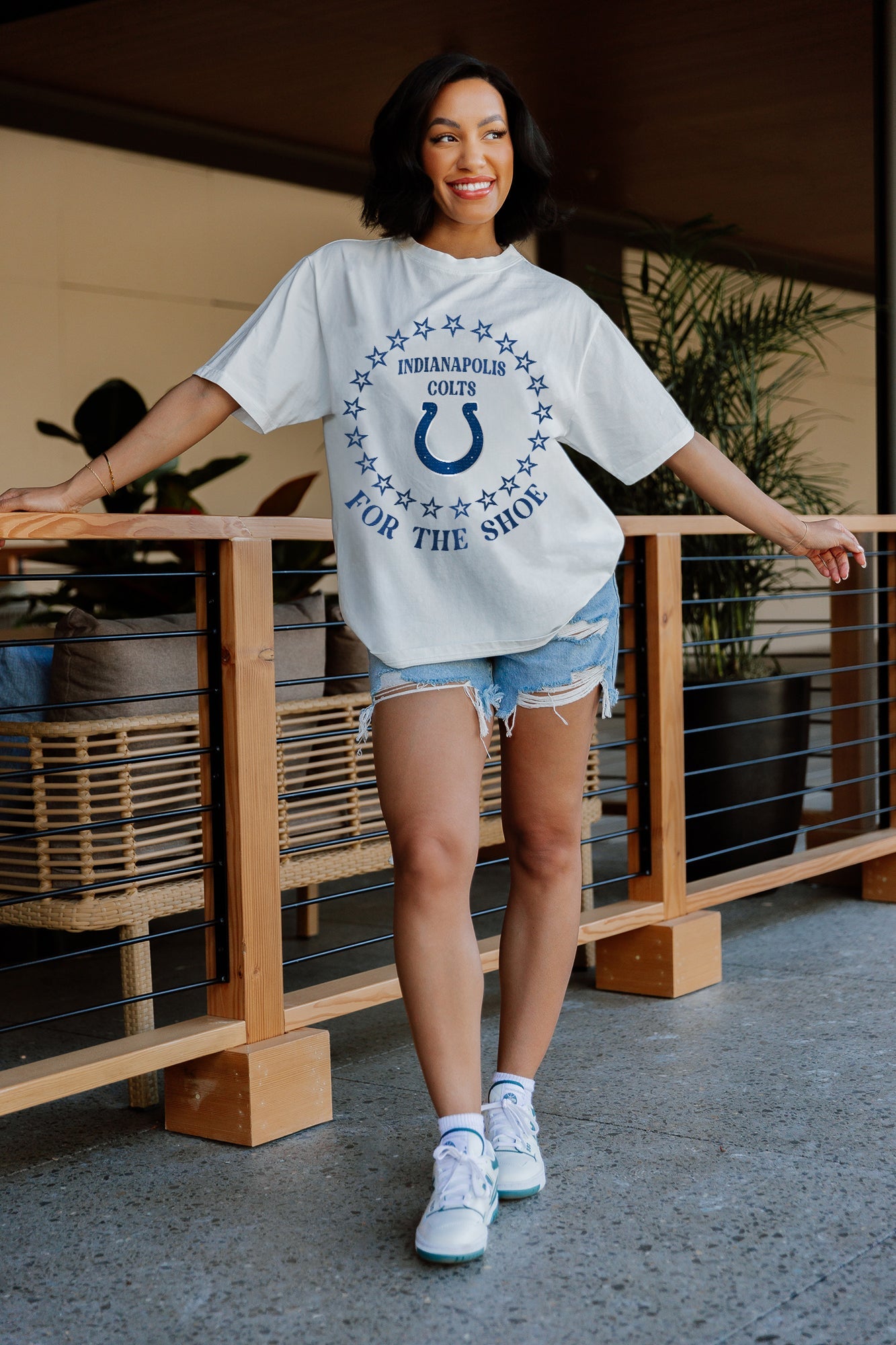 Ivory Indianapolis Colts Oversized Crewneck Tee On Model Leaning - Styled Look | Gameday Couture - SOHO
