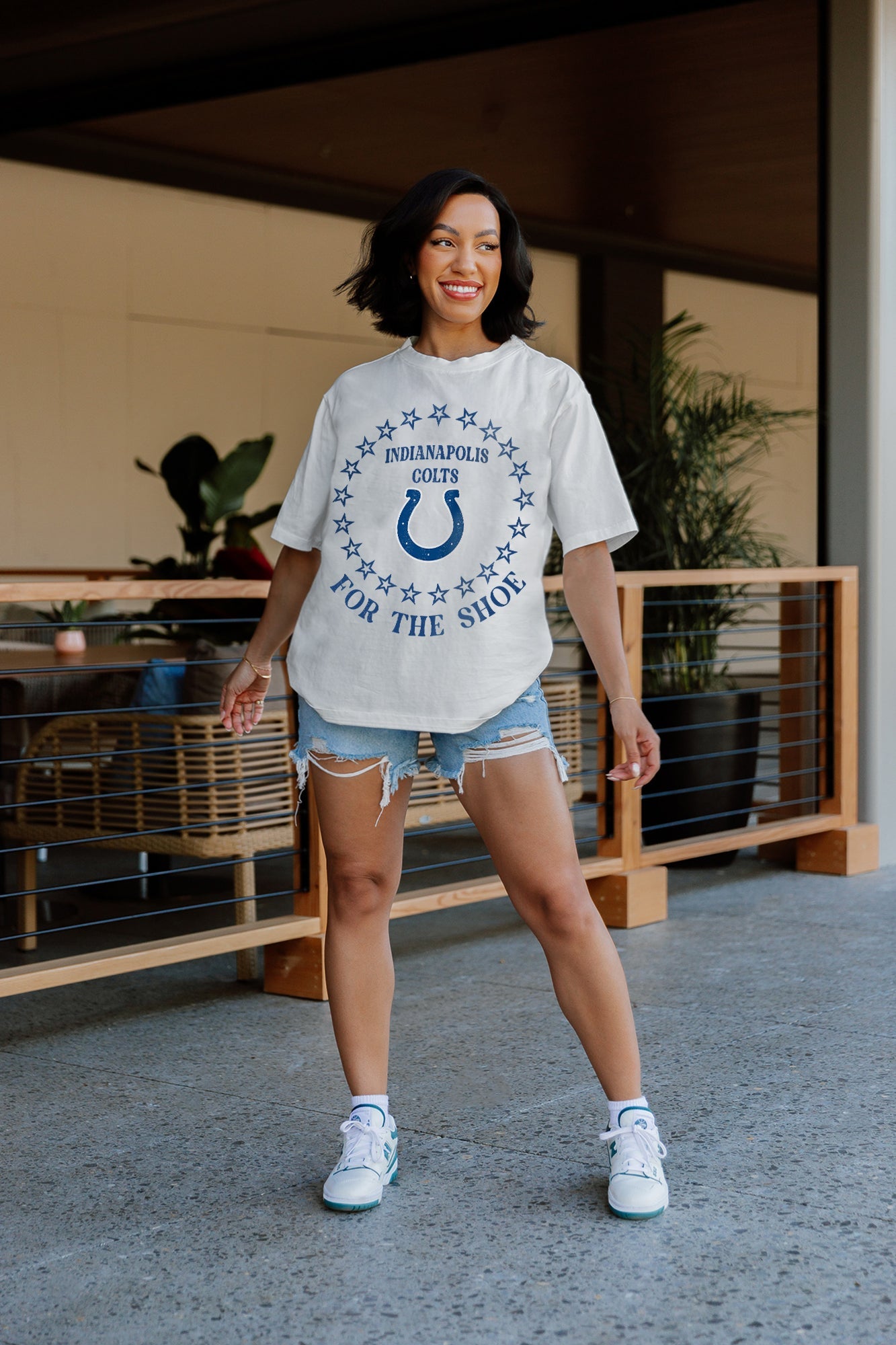 Ivory Indianapolis Colts On Point Oversized Crewneck Tee - On Model Side Angle | Gameday Couture - SOHO