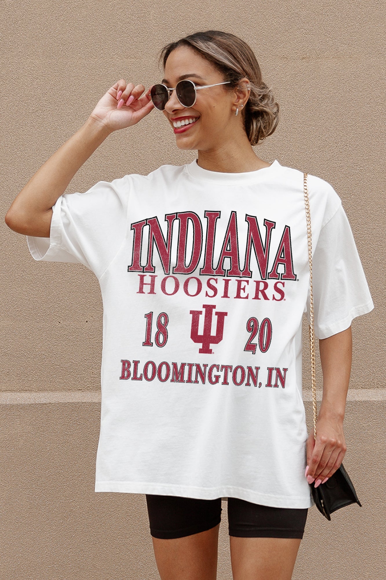 INDIANA HOOSIERS UNITY OVERSIZED CREWNECK TEE - Ivory On Model Close Up Detail | Gameday Couture - SOHO