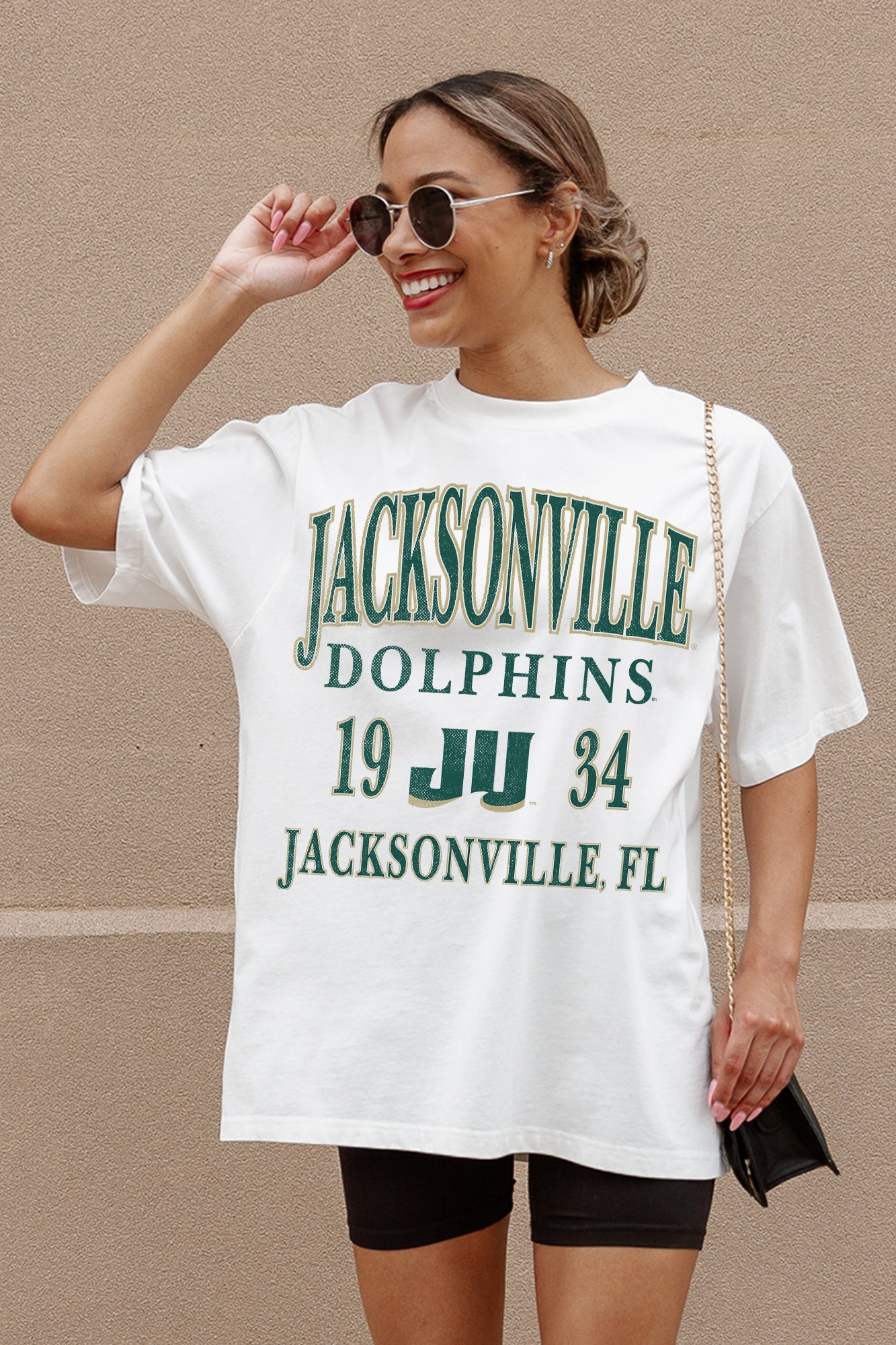 Ivory Jacksonville Dolphins Unity Oversized Tee - Front Graphic Close-Up On Model | Gameday Couture - SOHO