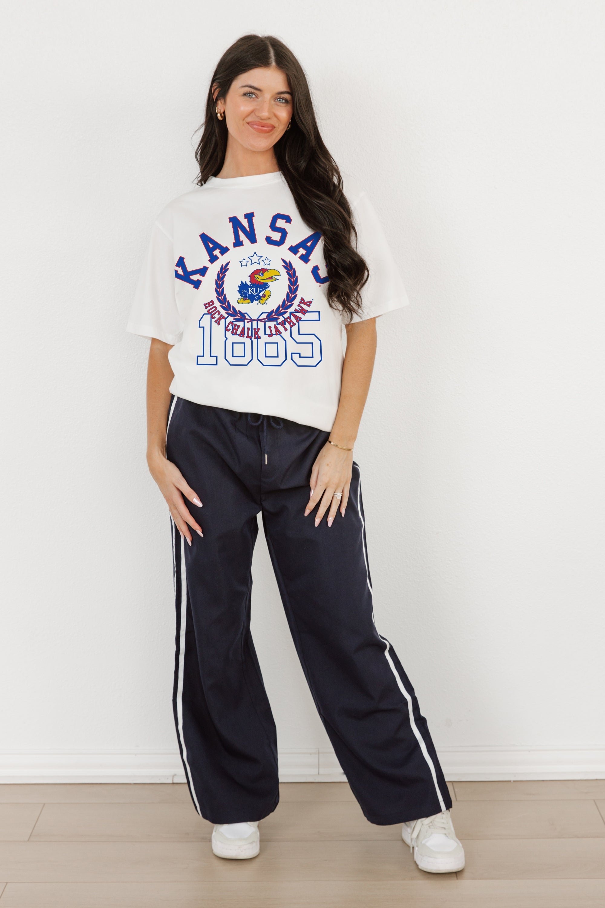 KANSAS JAYHAWKS GO FOR TWO OVERSIZED CREWNECK TEE BY MADI PREWETT TROUTT