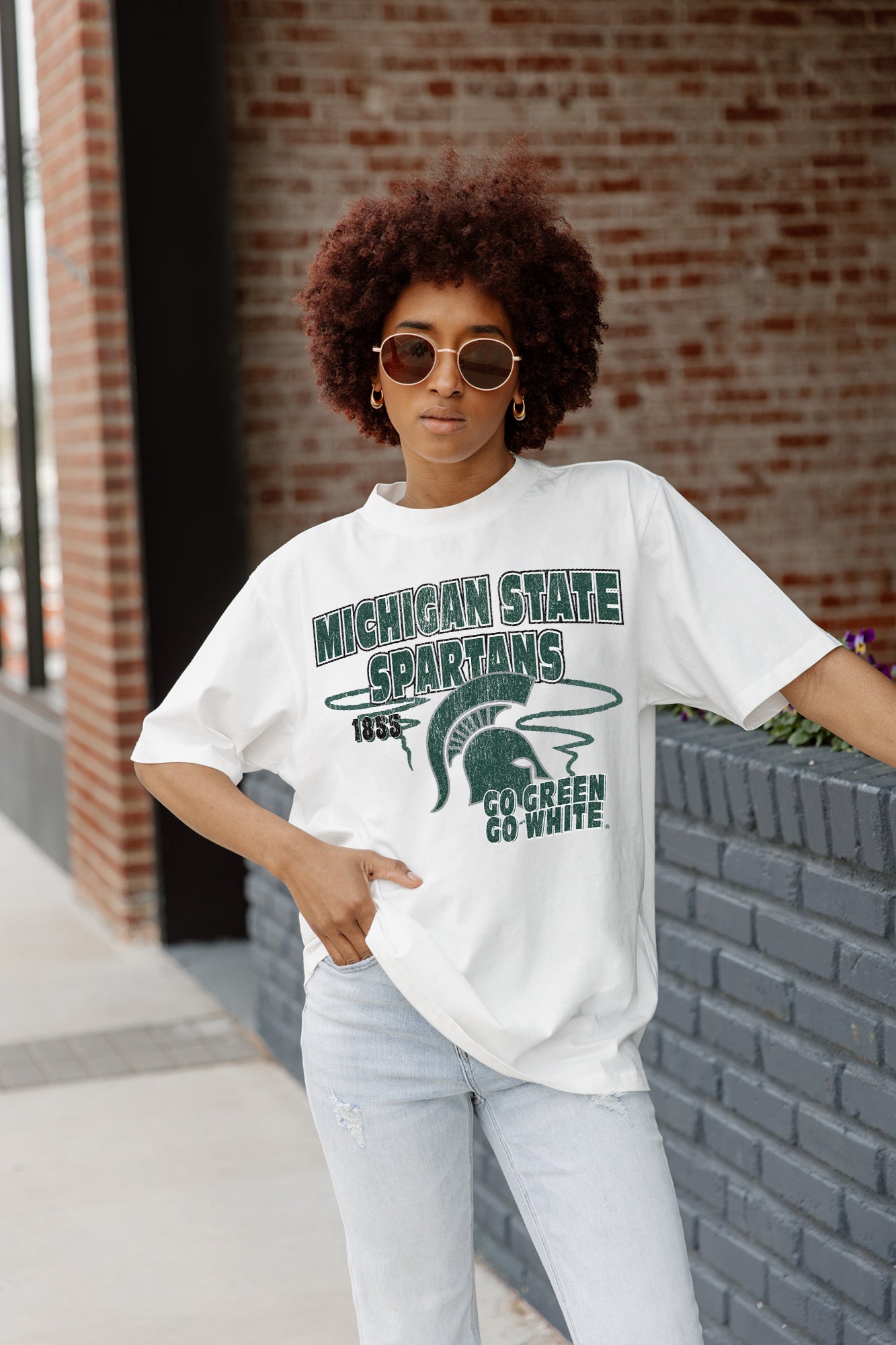 White Michigan State Spartans In The Lead Oversized Tee - Street Style Front | Gameday Couture - SOHO
