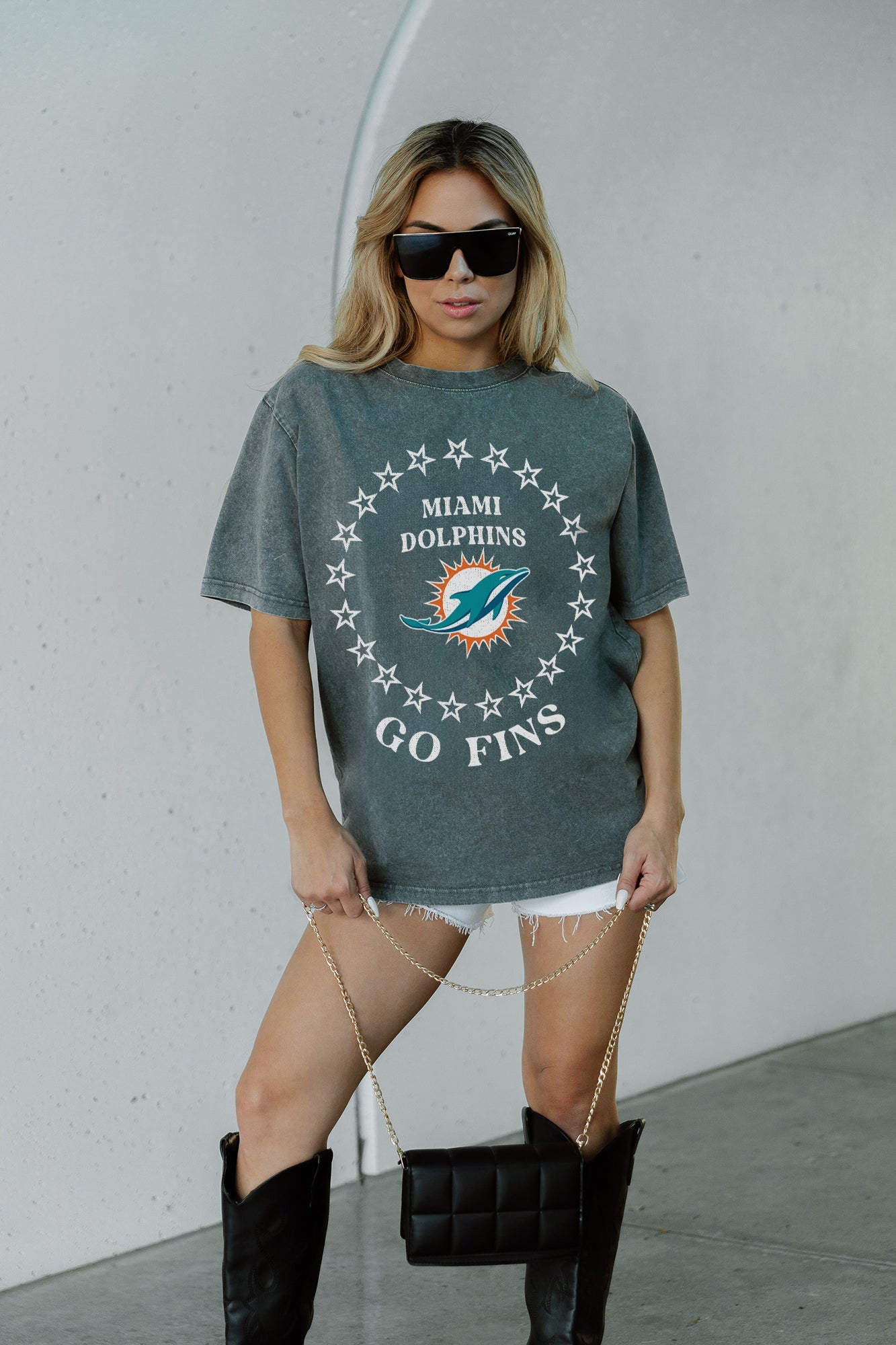 Grey Miami Dolphins Brightest Star Oversized Crewneck Tee - Front View On Model with Chain Bag | Gameday Couture - SOHO
