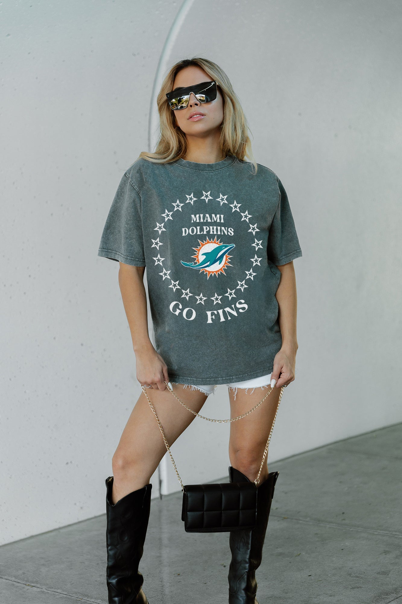 Grey Miami Dolphins Brightest Star Oversized Crewneck Tee - Front Close-Up Go Fins Graphic Detail | Gameday Couture - SOHO