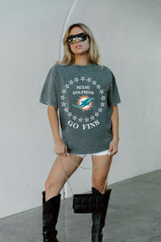 Grey Miami Dolphins Brightest Star Oversized Crewneck Tee - Front Close-Up Go Fins Graphic Detail | Gameday Couture - SOHO