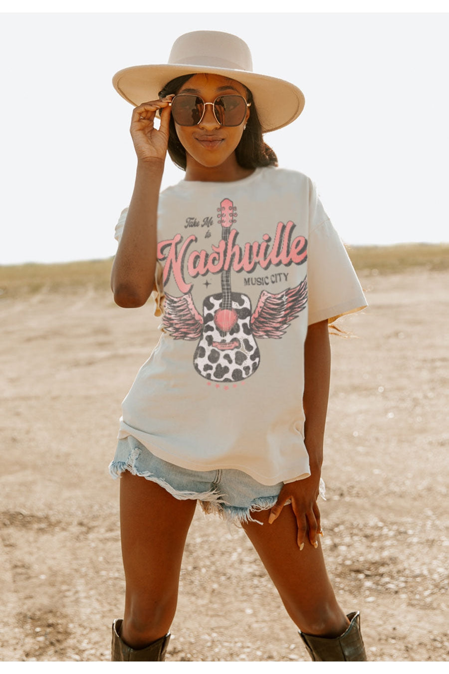 Ivory Take Me To Nashville Oversized Vintage Wash Tee - Festival Style On Model | Gameday Couture - SOHO
