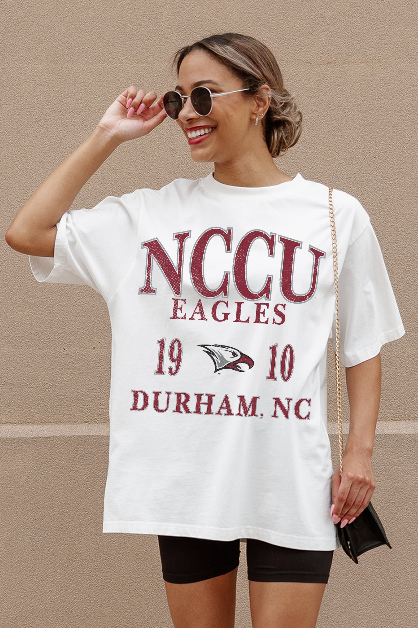 Ivory NC Central Eagles Unity Oversized Tee - Graphic Detail Close-Up On Model | Gameday Couture - SOHO