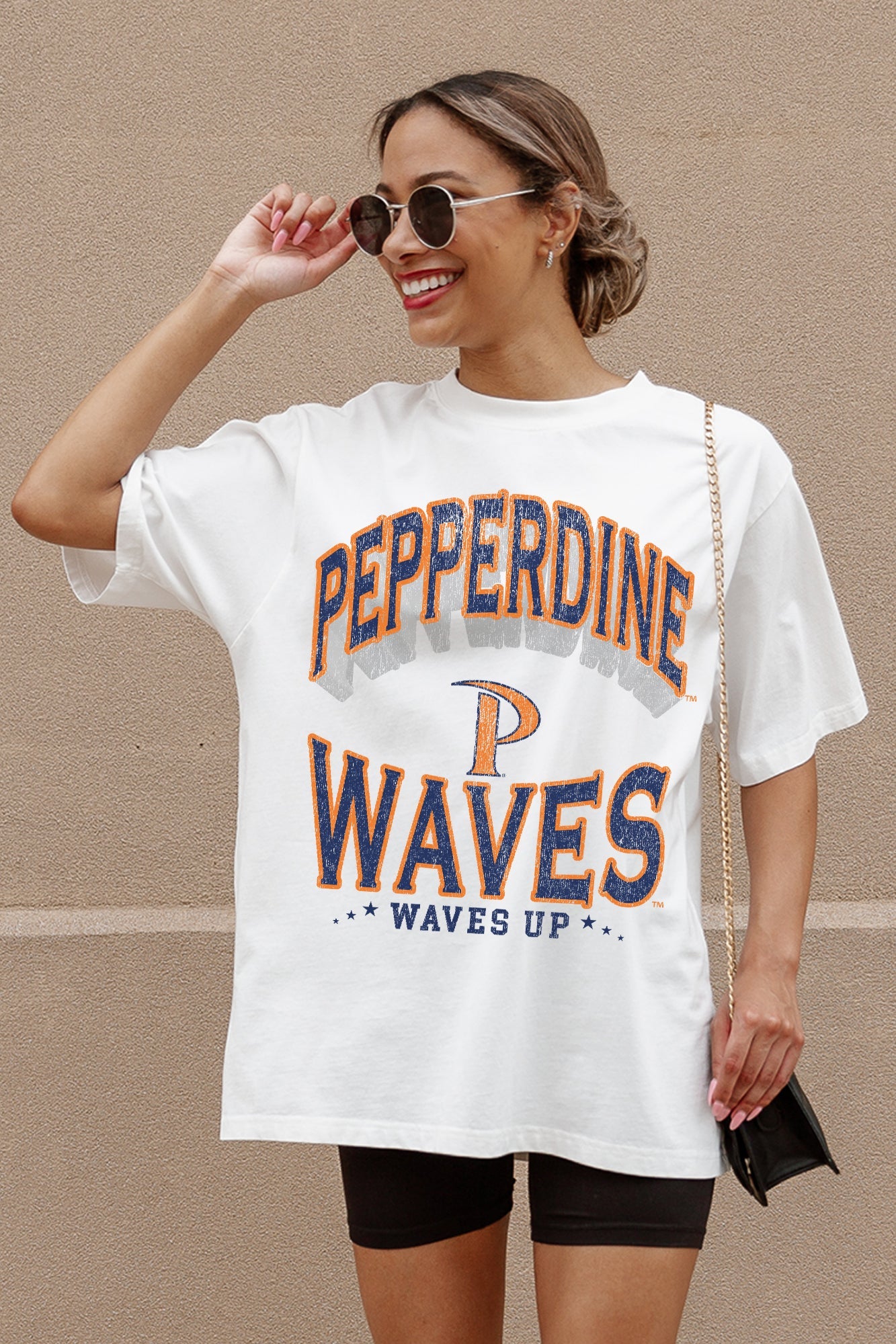 Ivory PEPPERDINE WAVES Shakedown Oversized Crewneck Tee - On Model Front View | Gameday Couture - SOHO
