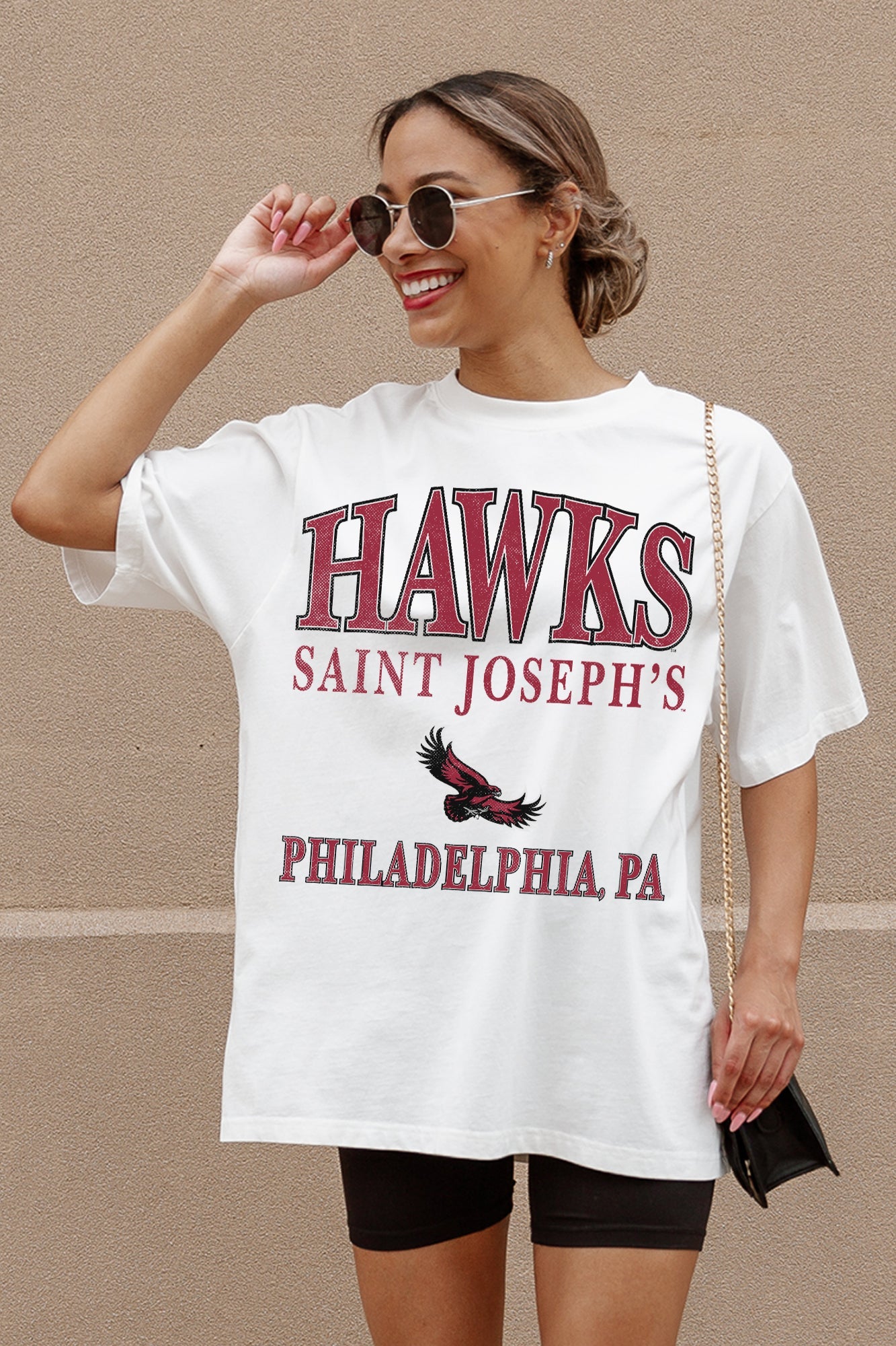 Ivory Saint Joseph's Hawks Unity Oversized Tee - Front Graphic Close-Up, Styled Look | Gameday Couture - SOHO