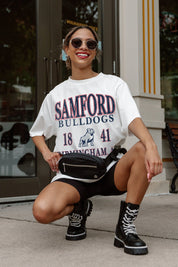 White SAMFORD BULLDOGS Unity Oversized Tee - Crouching Lifestyle Shot | Gameday Couture - SOHO