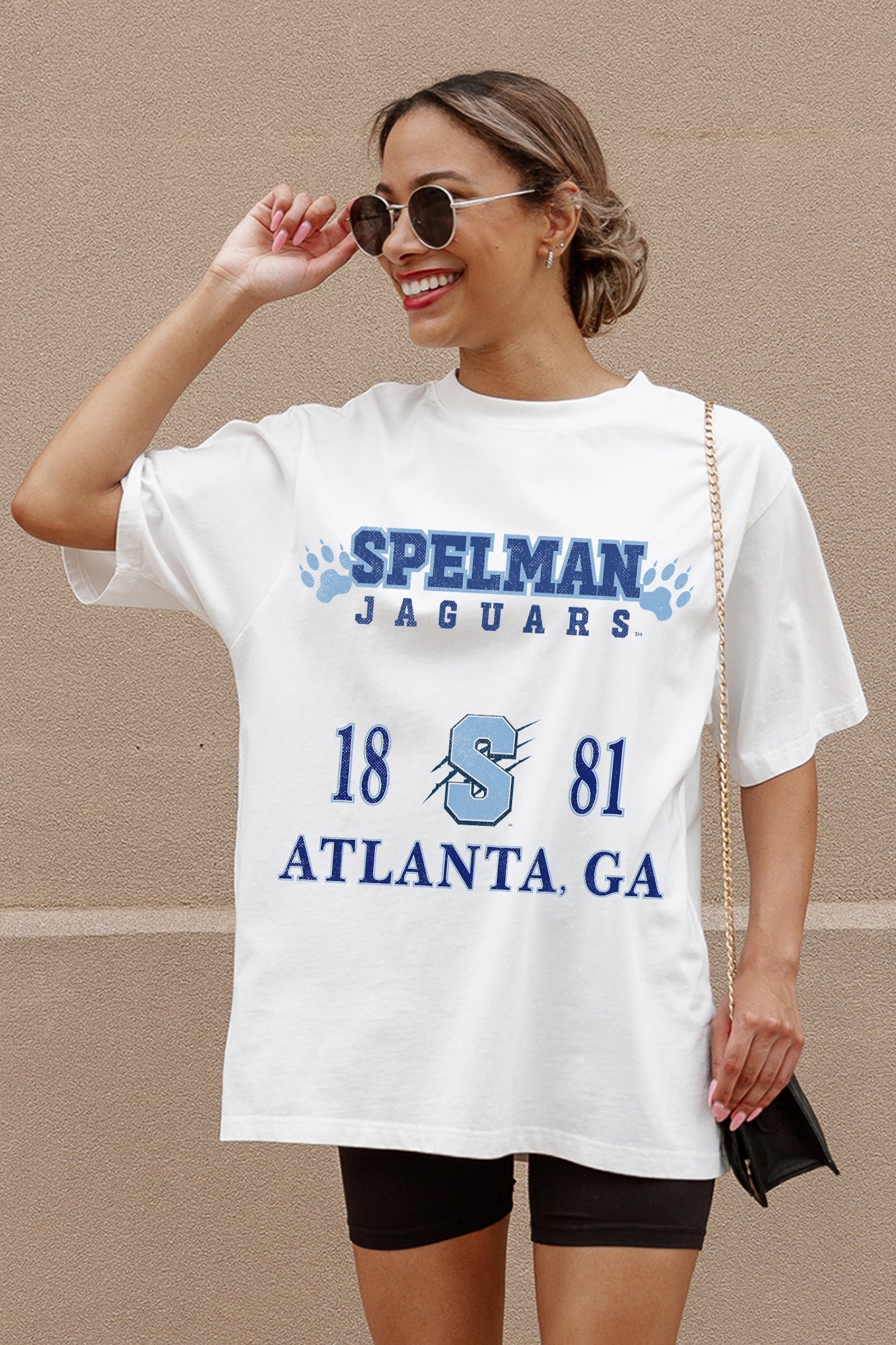 SPELMAN COLLEGE JAGUARS UNITY OVERSIZED CREWNECK TEE - Side Pose Detail | Gameday Couture - SOHO