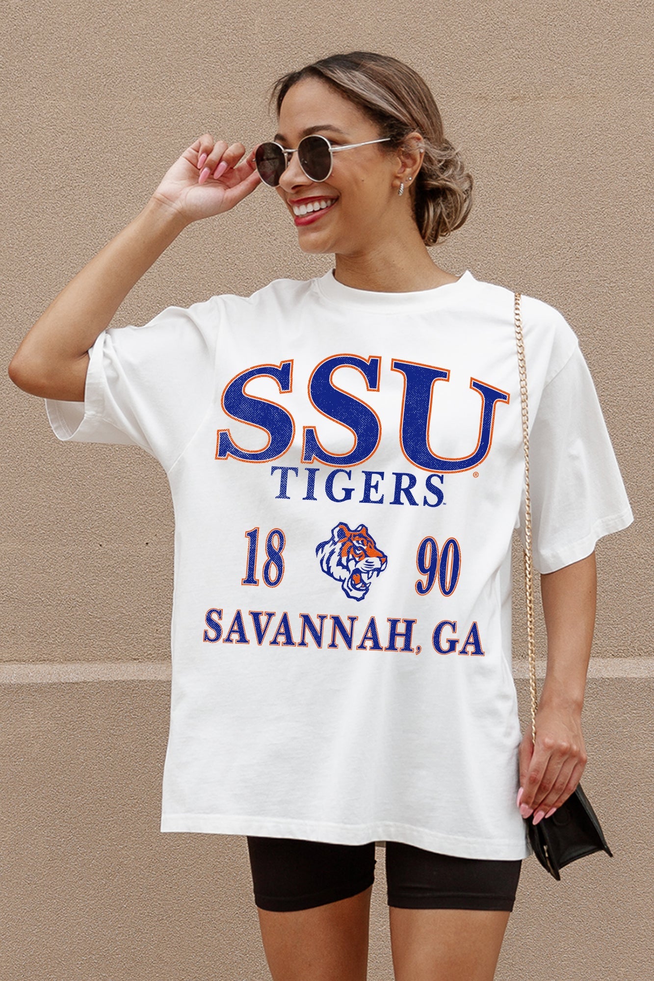 Ivory Savannah State Tigers Oversized Tee - Front Graphic Close-Up On Model | Gameday Couture - SOHO